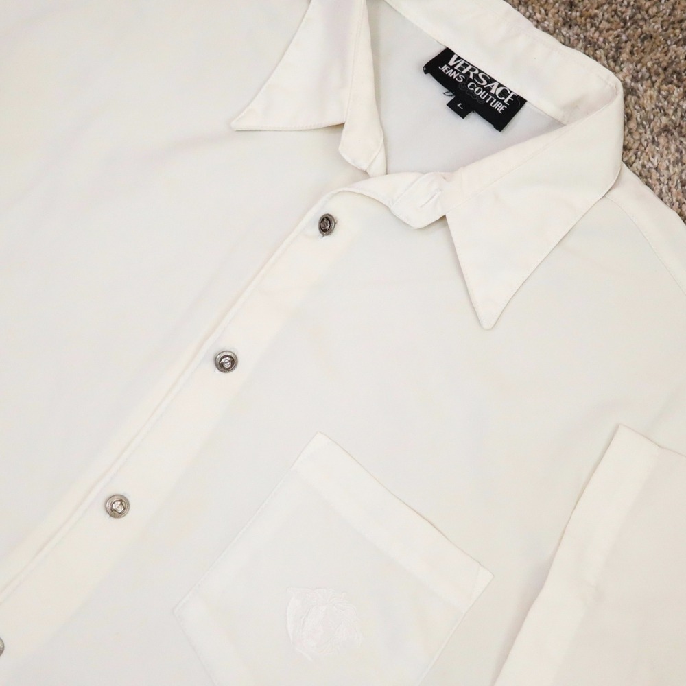 Vintage Versace Jeans Couture‎ Button Up Shirt Mens L Ivory Medusa Short Sleeve - Picture 2 of 16
